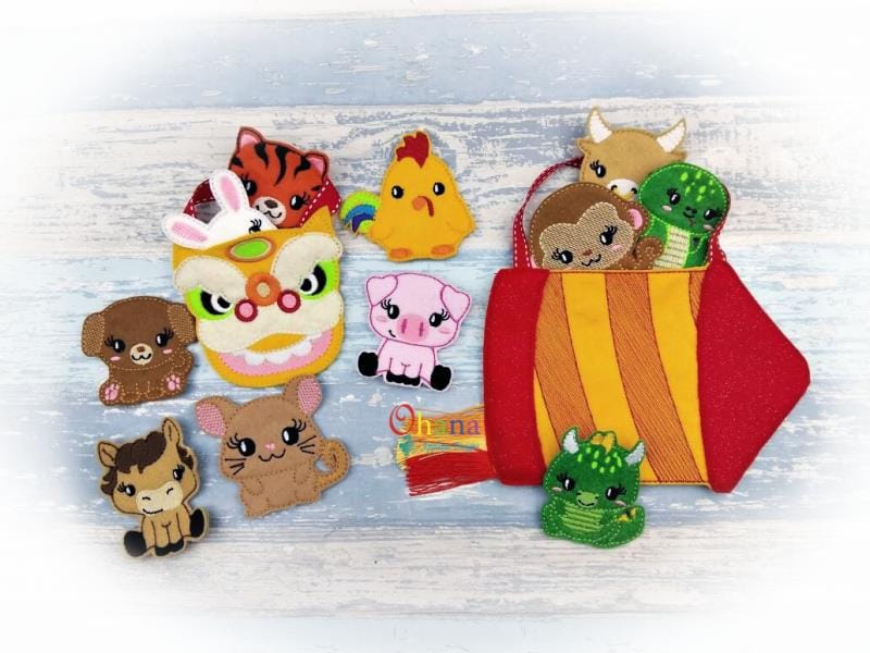 Needle outlet Felt Chinese Animal Sign Finger Puppet Set of 12, Animal Party, Rat, Ox, Tiger, Bunny, Dragon,Snake,Horse,Goat,Monkey,Rooster,Dog,Pig