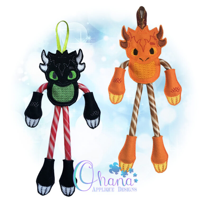 Dragon Candy Cane Holder Ornament - Ohana Applique Designs